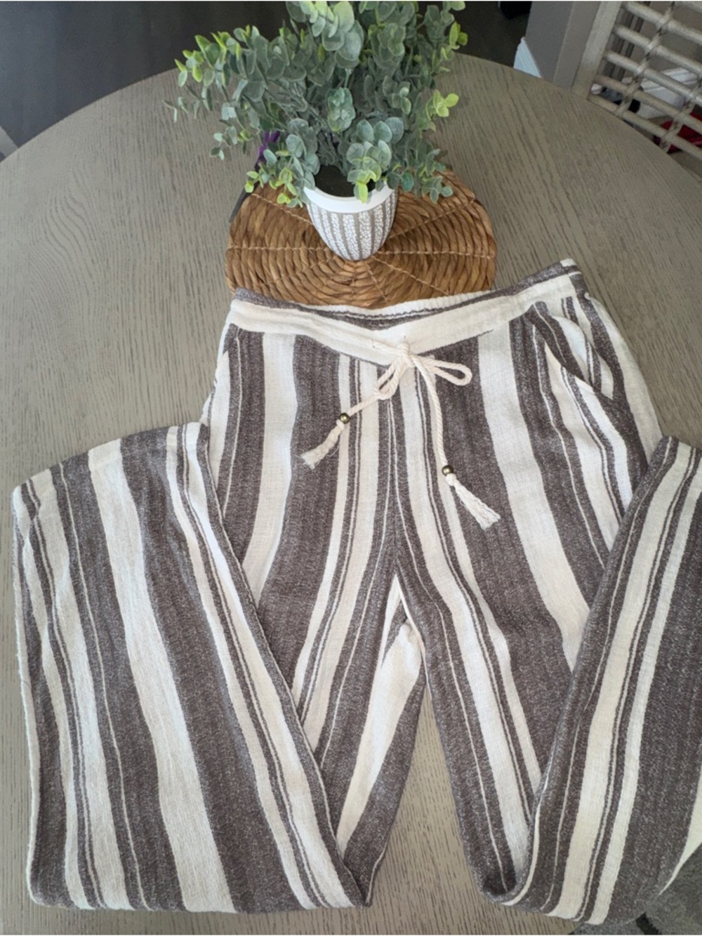 Striped Rayon Linen Blend Lounge Palazzo Pants Brown Beige Soft Surroundings Med